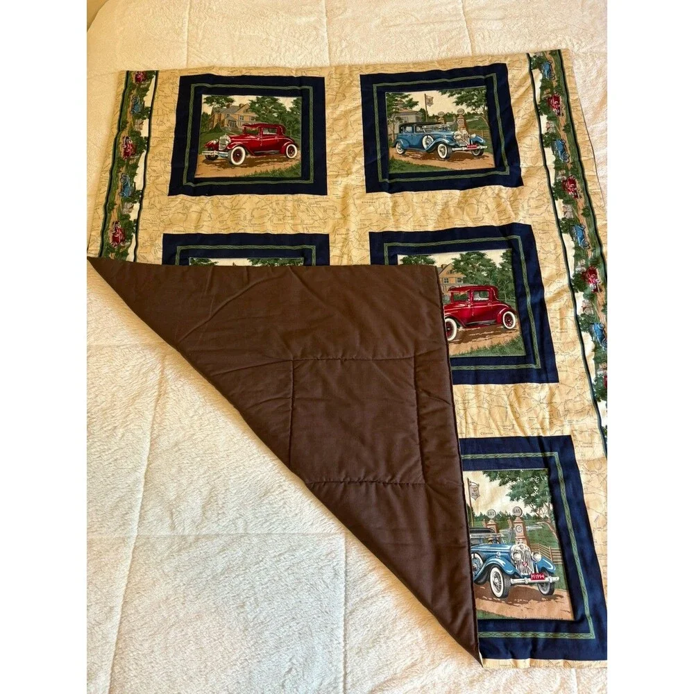 Vintage Handmade Quilted Vintage Antique Cars Throw Blanket and Pillows 42x50